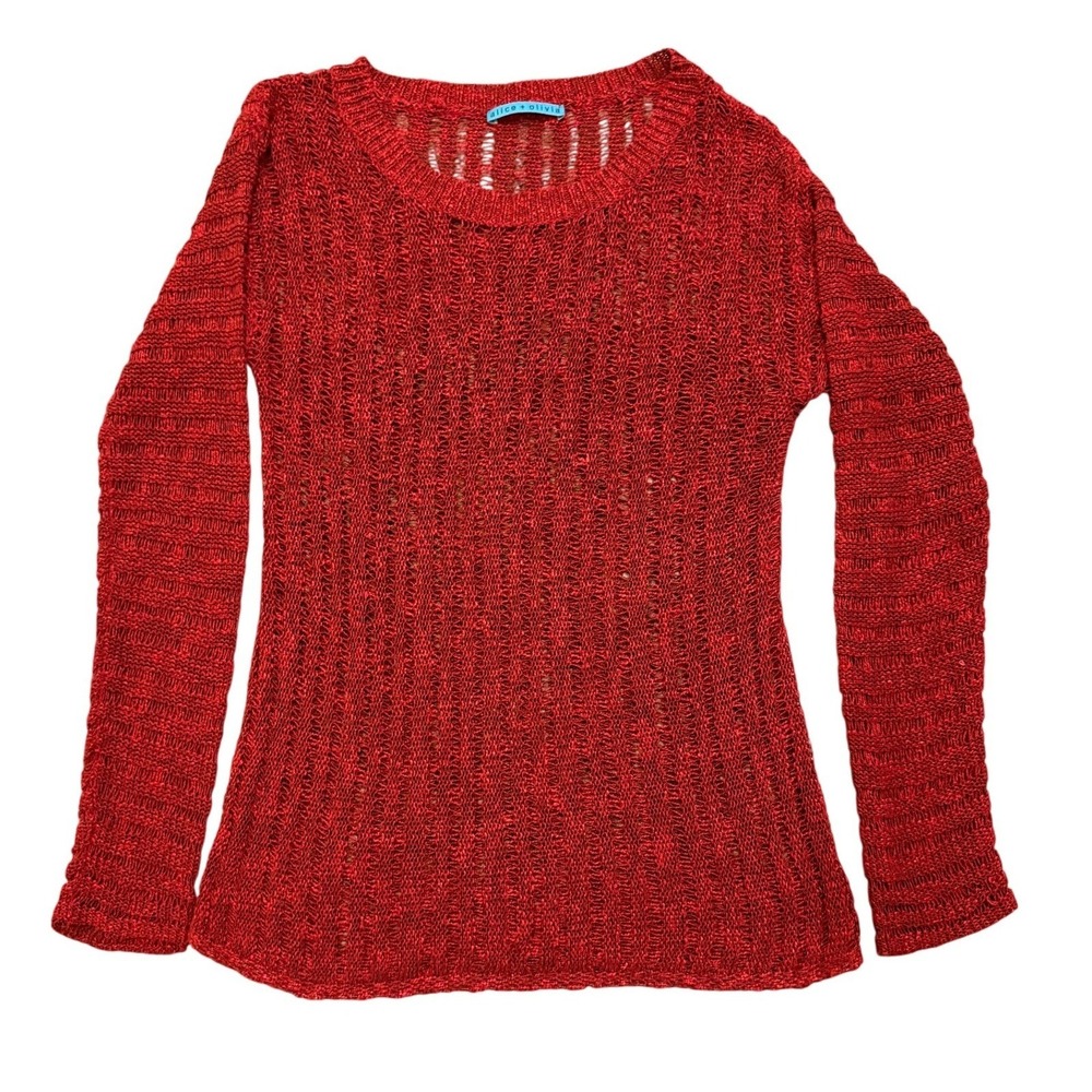 Alice + Olivia‎ Red Knit Sweater Boat Neck Sheer